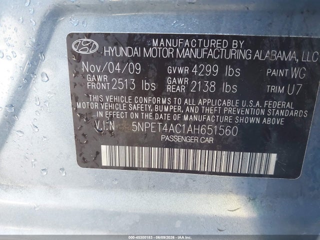 Aukcja sprzedaży 2010 Hyundai Sonata Gls, vin: 5NPET4AC1AH651560, numer aukcji: 45300183