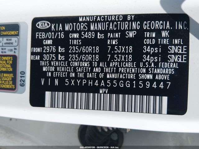 Aukcja sprzedaży 2016 Kia Sorento 3.3l Ex, vin: 5XYPH4A55GG159447, numer aukcji: 45300199