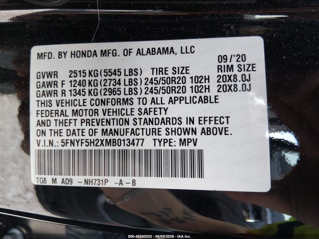 5FNYF5H2XMB013477 Honda Pilot 2wd Special Edition