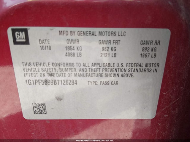 Продаж на аукціоні авто 2011 Chevrolet Cruze 1lt, vin: 1G1PF5S99B7126284, номер лоту: 45300213