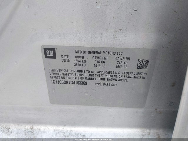 Chevrolet Sonic Lt Auto 2016 1G1JC6SG7G4103369 Image 9