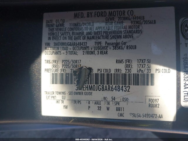 Продажа на аукционе авто 2010 Mercury Milan Premier, vin: 3MEHM0JG8AR648432, номер лота: 45300262