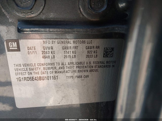 45300271 :رقم المزاد ، 1G1RD6E43BU101161 vin ، 2011 Chevrolet Volt مزاد بيع