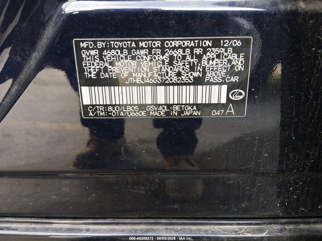 Продаж на аукціоні авто 2007 Lexus Es 350, vin: JTHBJ46G372082353, номер лоту: 45300272