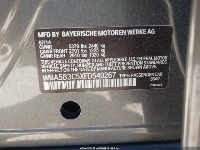 45300277 :رقم المزاد ، WBA5B3C5XFD540267 vin ، 2015 Bmw 535i Xdrive مزاد بيع
