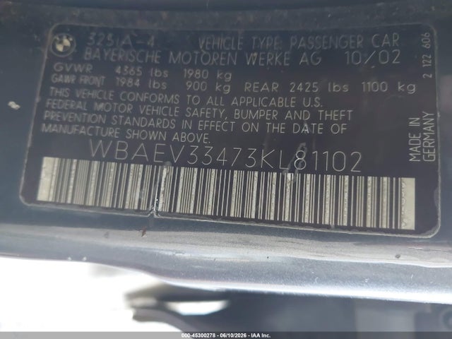 Aukcja sprzedaży 2003 Bmw 325i, vin: WBAEV33473KL81102, numer aukcji: 45300278