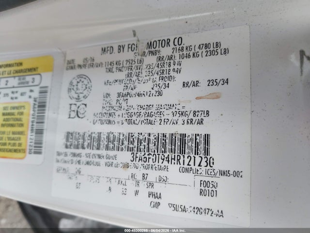 Продажа на аукционе авто 2017 Ford Fusion Se, vin: 3FA6P0T94HR121230, номер лота: 45300285