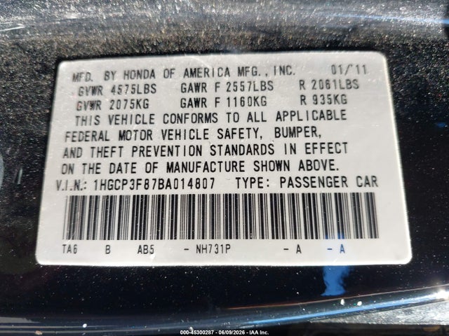 Продажа на аукционе авто 2011 Honda Accord 3.5 Ex-l, vin: 1HGCP3F87BA014807, номер лота: 45300287