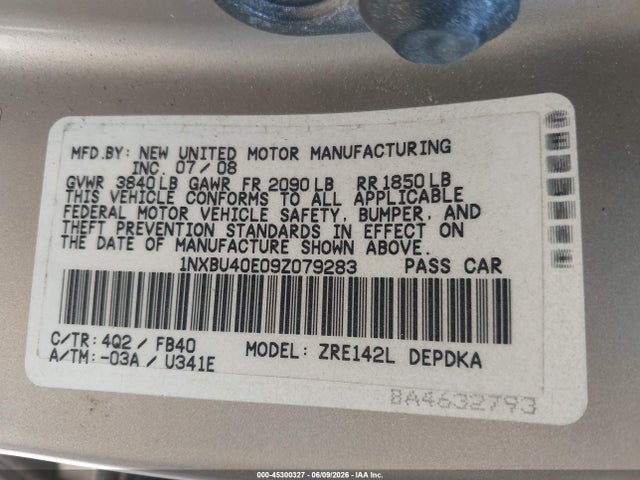 Продажа на аукционе авто 2009 Toyota Corolla Le, vin: 1NXBU40E09Z079283, номер лота: 45300327