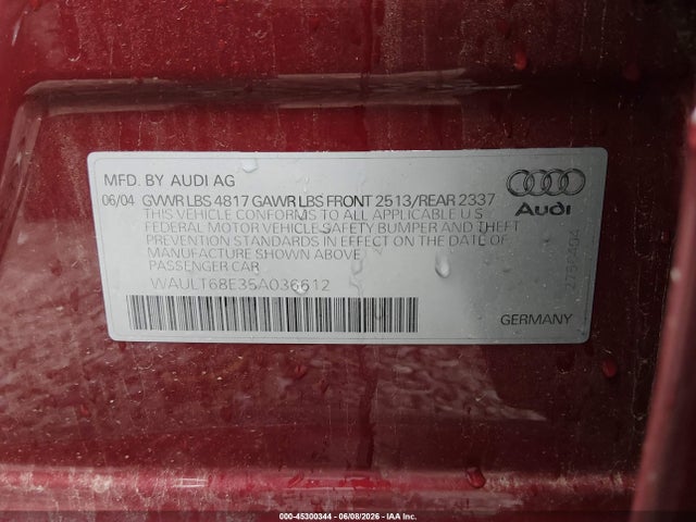 45300344 :رقم المزاد ، WAULT68E35A036612 vin ، 2005 Audi A4 3.0/3.0 Special Edition مزاد بيع