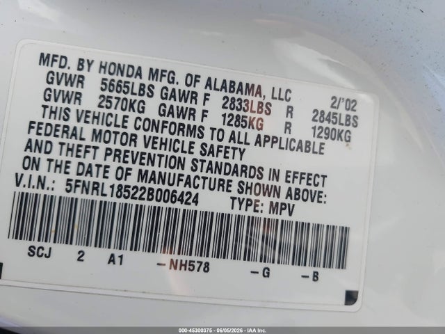45300375 :رقم المزاد ، 5FNRL18522B006424 vin ، 2002 Honda Odyssey Lx مزاد بيع