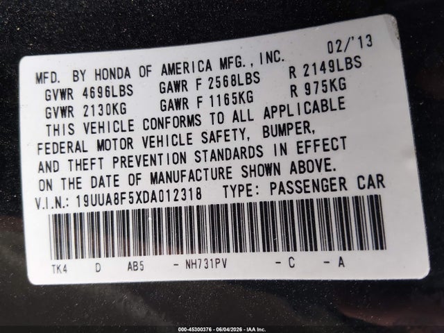 45300376 :رقم المزاد ، 19UUA8F5XDA012318 vin ، 2013 Acura Tl 3.5 مزاد بيع