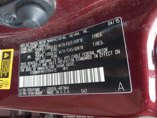 2015 Toyota Highlander Le Plus V6 მანქანა იყიდება აუქციონზე, vin: 5TDBKRFH4FS154415, აუქციონის ნომერი: 45300429