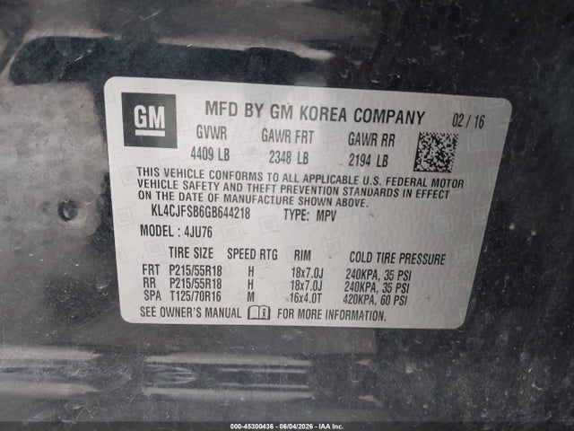 45300436 :رقم المزاد ، KL4CJFSB6GB644218 vin ، 2016 Buick Encore Convenience مزاد بيع