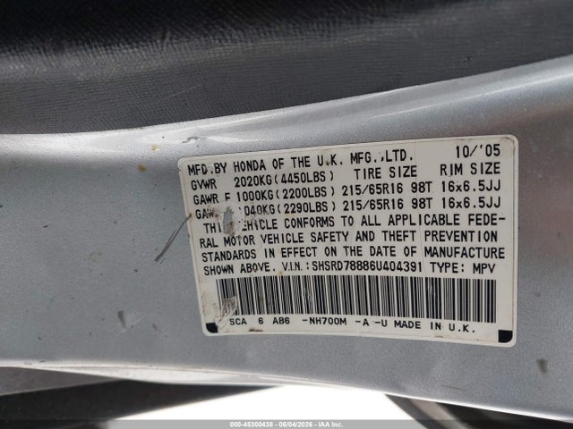 45300438 :رقم المزاد ، SHSRD78886U404391 vin ، 2006 Honda Cr-v Ex مزاد بيع
