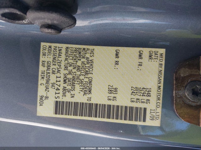 2010 Nissan Altima 2.5 S მანქანა იყიდება აუქციონზე, vin: 1N4AL2EP5AC117415, აუქციონის ნომერი: 45300445