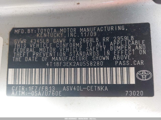 Продажа на аукционе авто 2010 Toyota Camry Le, vin: 4T1BF3EK2AU558280, номер лота: 45300452