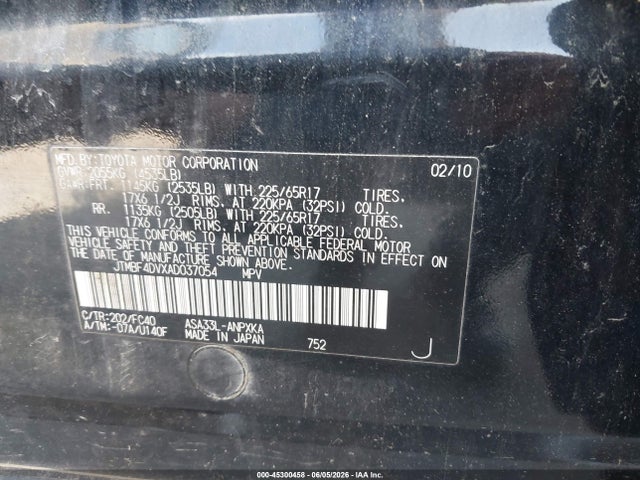 45300458 :رقم المزاد ، JTMBF4DVXAD037054 vin ، 2010 Toyota Rav4 مزاد بيع