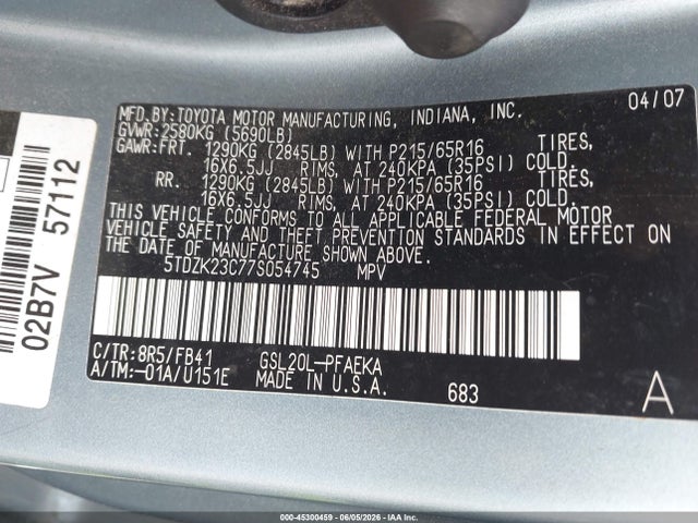 Aukcja sprzedaży 2007 Toyota Sienna Ce, vin: 5TDZK23C77S054745, numer aukcji: 45300459