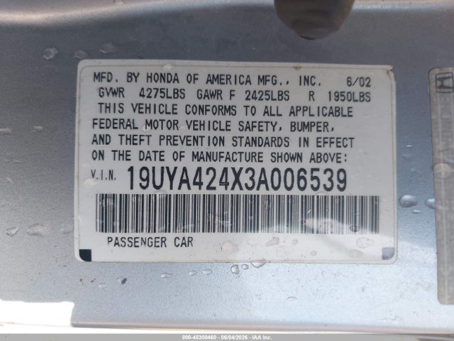 2003 Acura Cl 3.2 მანქანა იყიდება აუქციონზე, vin: 19UYA424X3A006539, აუქციონის ნომერი: 45300460