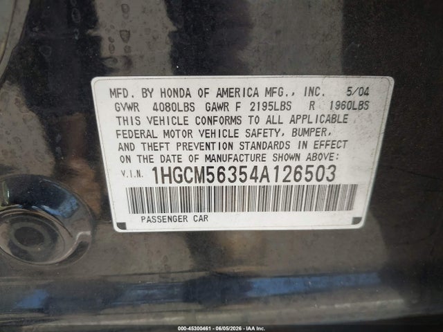 45300461 :رقم المزاد ، 1HGCM56354A126503 vin ، 2004 Honda Accord 2.4 Lx مزاد بيع