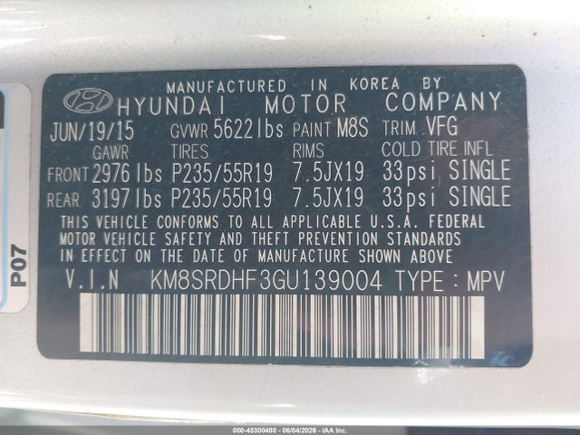 2016 Hyundai Santa Fe Limited მანქანა იყიდება აუქციონზე, vin: KM8SRDHF3GU139004, აუქციონის ნომერი: 45300480