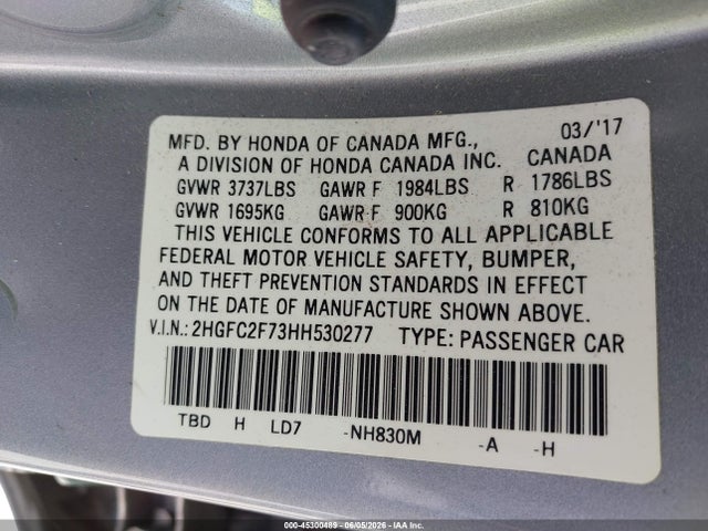 Honda CIVIC EX 2017 2HGFC2F73HH530277 Image 9