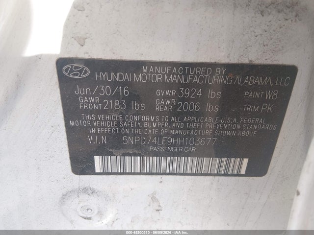 2017 Hyundai Elantra Se მანქანა იყიდება აუქციონზე, vin: 5NPD74LF9HH103677, აუქციონის ნომერი: 45300510