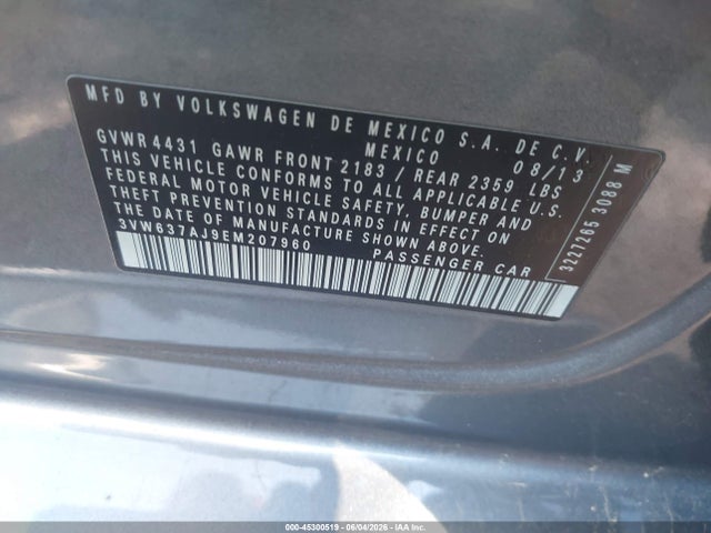 2014 Volkswagen Jetta Hybrid Sel მანქანა იყიდება აუქციონზე, vin: 3VW637AJ9EM207960, აუქციონის ნომერი: 45300519