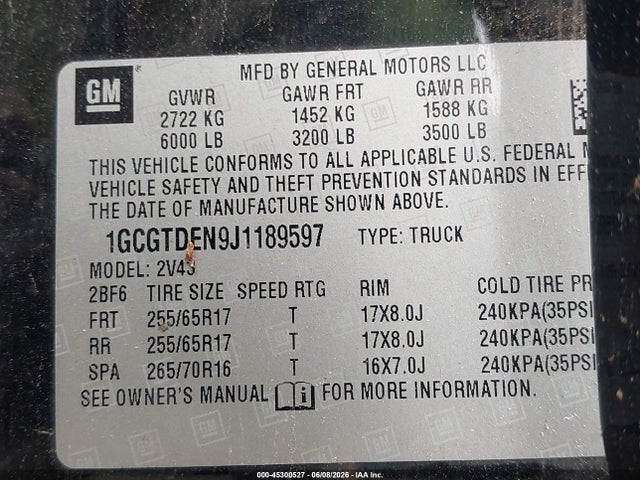 45300527 :رقم المزاد ، 1GCGTDEN9J1189597 vin ، 2018 Chevrolet Colorado Z71 مزاد بيع