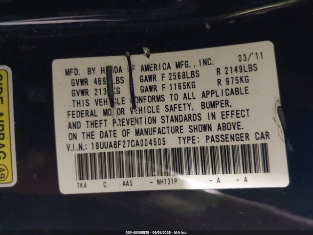 Aukcja sprzedaży 2012 Acura Tl 3.5, vin: 19UUA8F27CA004505, numer aukcji: 45300529