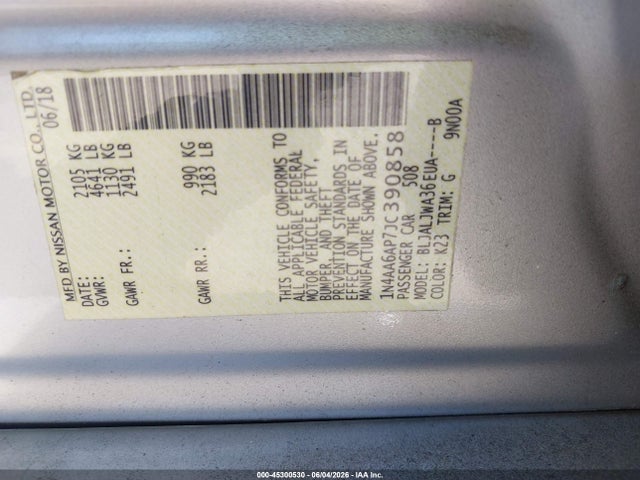 45300530 :رقم المزاد ، 1N4AA6AP7JC390858 vin ، 2018 Nissan Maxima 3.5 Sv مزاد بيع