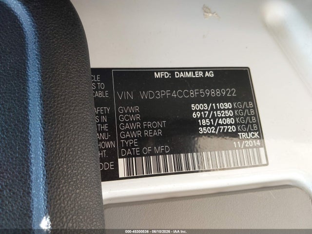 45300536 :رقم المزاد ، WD3PF4CC8F5988922 vin ، 2015 Mercedes-benz Sprinter 3500 High  Roof مزاد بيع