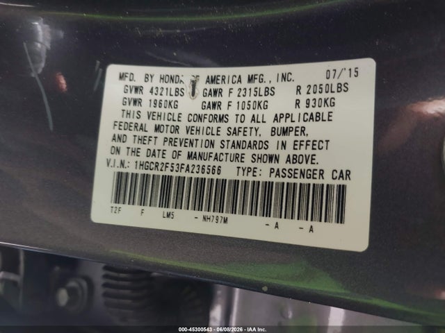 Aukcja sprzedaży 2015 Honda Accord Sport, vin: 1HGCR2F53FA236566, numer aukcji: 45300543