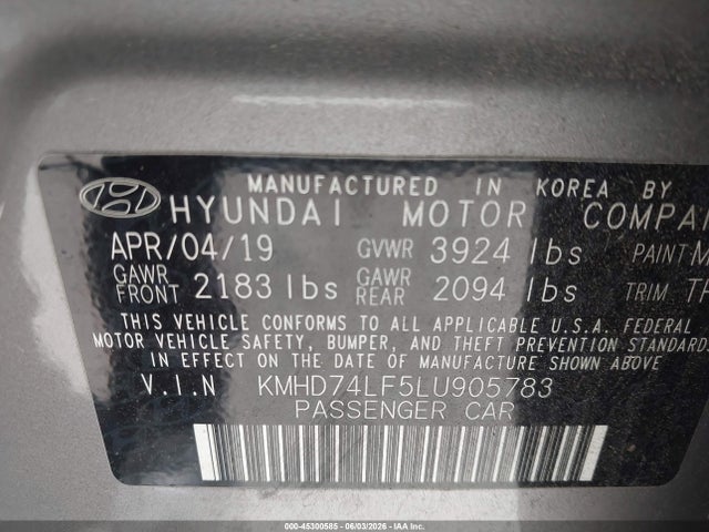 45300585 :رقم المزاد ، KMHD74LF5LU905783 vin ، 2020 Hyundai Elantra Se مزاد بيع