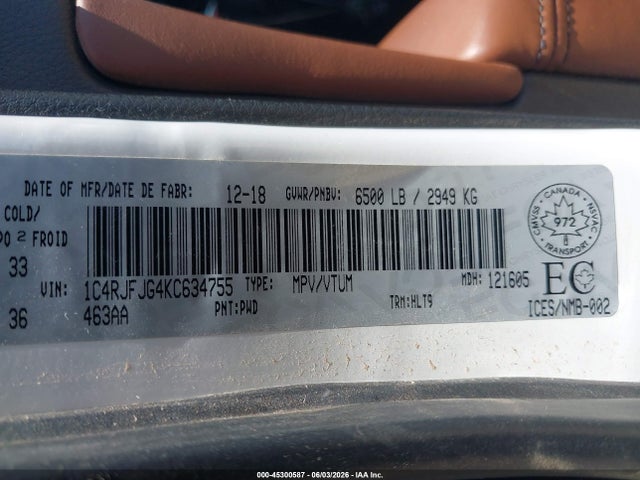Aukcja sprzedaży 2019 Jeep Grand Cherokee Summit, vin: 1C4RJFJG4KC634755, numer aukcji: 45300587