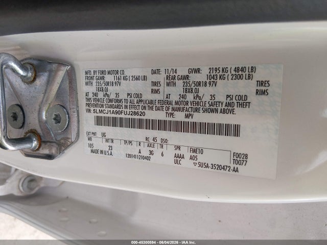 Aukcja sprzedaży 2015 Lincoln Mkc, vin: 5LMCJ1A90FUJ28620, numer aukcji: 45300594
