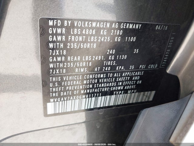 WVGAV7AX0GW611711 Volkswagen TIGUAN SE