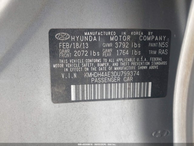 Aukcja sprzedaży 2013 Hyundai Elantra Gls, vin: KMHDH4AE3DU799374, numer aukcji: 45300616