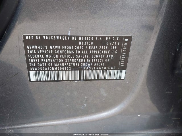 Aukcja sprzedaży 2013 Volkswagen Jetta 2.0l S, vin: 3VW2K7AJ0DM200332, numer aukcji: 45300622