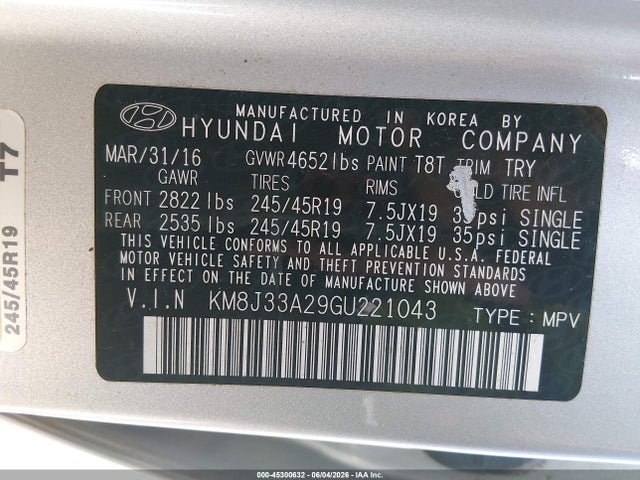 Продажа на аукционе авто 2016 Hyundai Tucson Limited, vin: KM8J33A29GU221043, номер лота: 45300632