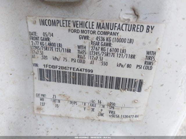 45300642 :رقم المزاد ، 1FDBF2B67FEA47599 vin ، 2015 Ford F-250 Xl مزاد بيع