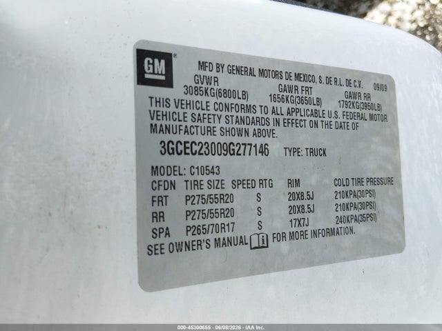 Aukcja sprzedaży 2009 Chevrolet Silverado 1500 Lt, vin: 3GCEC23009G277146, numer aukcji: 45300655