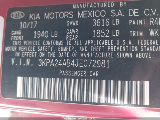 3KPA24AB4JE072981 KIA RIO S