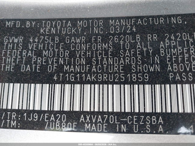 45300664 :رقم المزاد ، 4T1G11AK9RU251859 vin ، 2024 Toyota Camry Se مزاد بيع