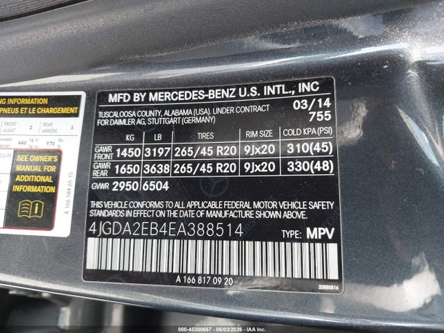 45300667 :رقم المزاد ، 4JGDA2EB4EA388514 vin ، 2014 Mercedes-benz Ml 350 Bluetec 4matic مزاد بيع
