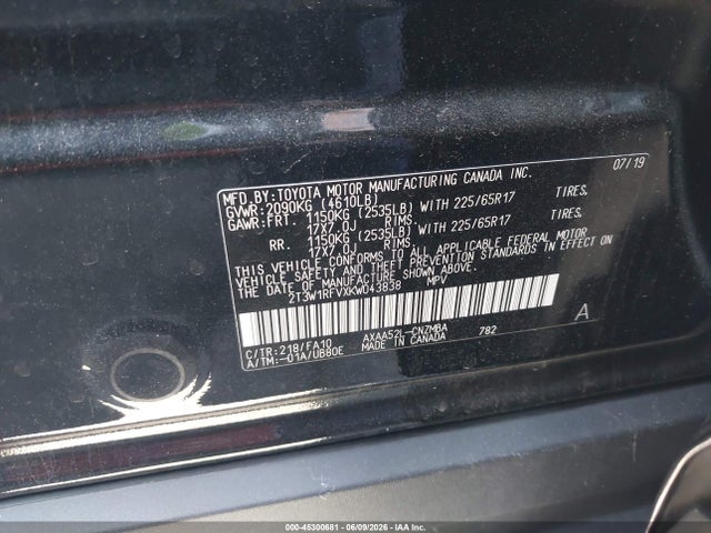 45300681 :رقم المزاد ، 2T3W1RFVXKW043838 vin ، 2019 Toyota Rav4 Xle مزاد بيع