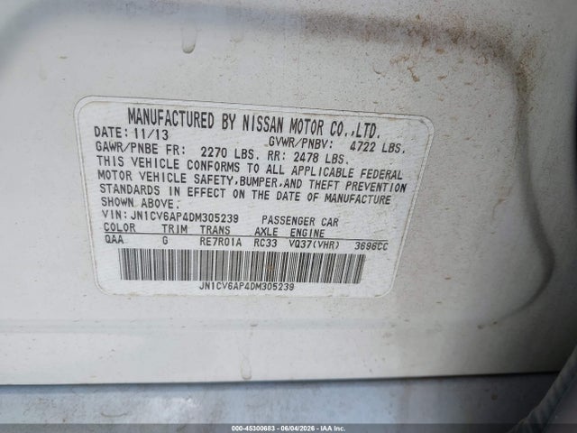 2013 Infiniti G37 Journey მანქანა იყიდება აუქციონზე, vin: JN1CV6AP4DM305239, აუქციონის ნომერი: 45300683