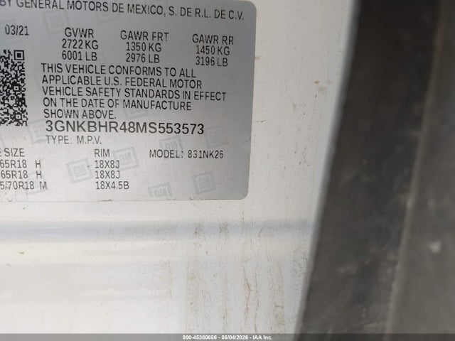 45300696 :رقم المزاد ، 3GNKBHR48MS553573 vin ، 2021 Chevrolet Blazer Awd 2lt مزاد بيع