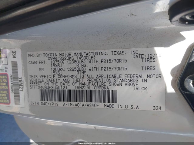 Aukcja sprzedaży 2015 Toyota Tacoma, vin: 5TFTX4CN0FX055121, numer aukcji: 45300720